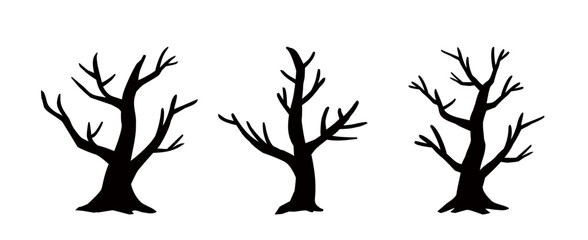 Set of Dead tree black silhouette vector art, Icons, and graphics.
Halloween tree by hand drawing.
White background.