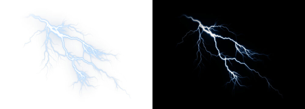 Lightning, electric, storm, power, strike blue bolt PNG effect on transparent background. Overlay PNG for thunder, energy, flash, shock, zap, electricity design.