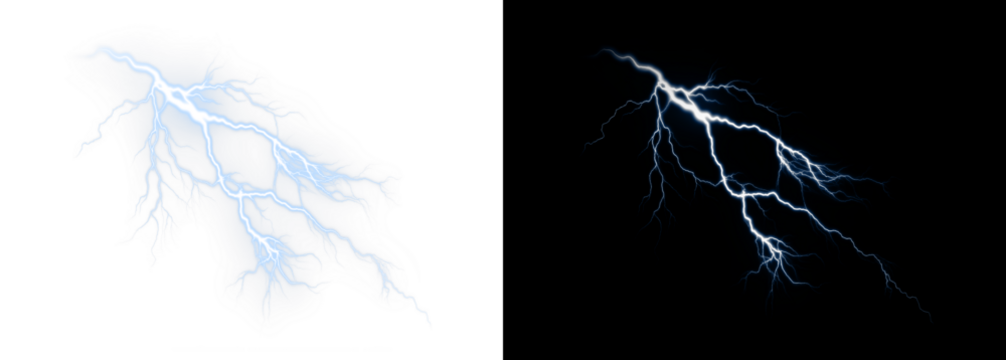 Lightning, electric, storm, power, strike blue bolt PNG effect on transparent background. Overlay PNG for thunder, energy, flash, shock, zap, electricity design.