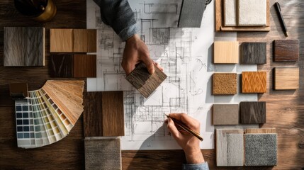 Designing a modern interior using texture samples and color palettes in a creative workspace