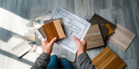 Choosing flooring materials while planning an interior design layout in a modern space with various samples
