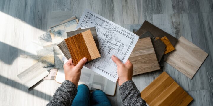 Choosing flooring materials while planning an interior design layout in a modern space with various samples