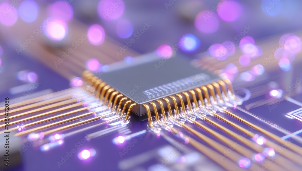 Poster close-up of a circuit board with a central processor chip. gold-toned connections crisscross the dee
