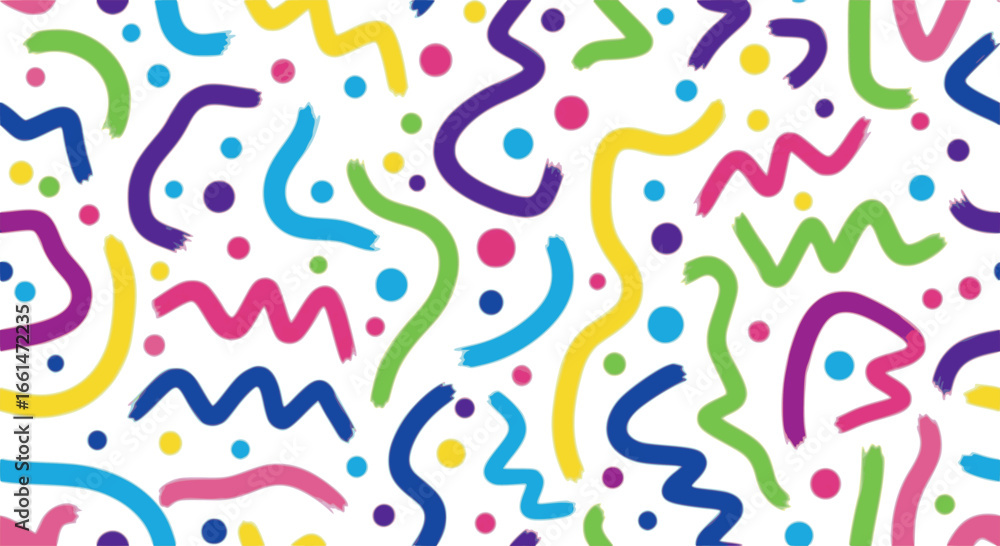 Poster funky geometric maze colorful seamless pattern. bold brush drawn curved and zigzag lines with dots.