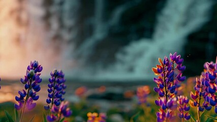 AI-generated purple lupine flowers bloom by a misty waterfall, bathed in warm sunlight - Powered by Adobe