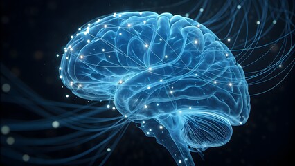 Glowing blue digital brain network with connections and data streams on black background