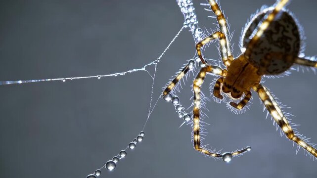 AI-generated close-up of spider on web strands glistening with water droplets