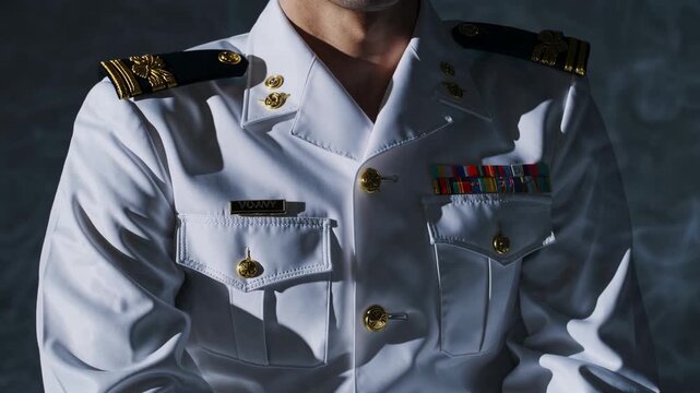 AI-generated close-up of a solder in white military uniform with gold buttons and badges