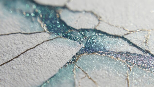 Close-up of textured, cracked surface.  Teal and gold pigments,  sparkly accents
