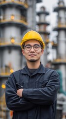 male industrial worker wearing safety helmet and uniform standing at refinery facility