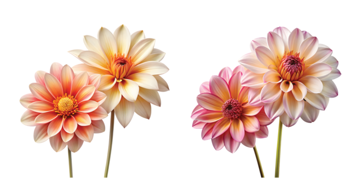 Duo Flowers: Two blooming flowers side by side, sharp petal details, PNG format