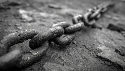 Close-up of a weathered metal chain resting on rough stone ground