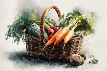 Watercolor illustration of wicker basket with fresh vegetables including carrots radish cabbage greens and potatoes on light background