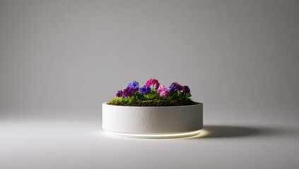 White planter with colorful flowers.  Simple, modern,  minimalist design.  Soft lighting