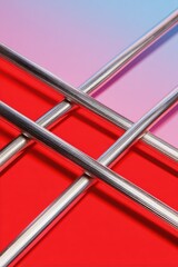 Fototapeta premium Intersecting chrome rods on a vibrant red and pink gradient background