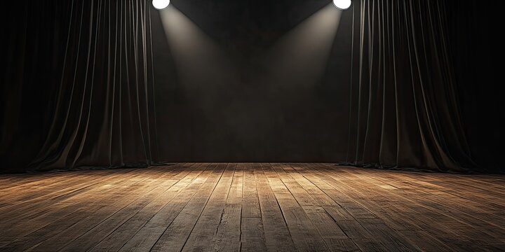 Dark Stage Curtains and Wooden Floor Lit by Spotlights