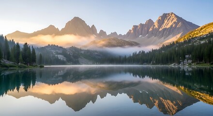 Fototapeta premium Morning light reflects off a serene mountain lake, mirroring the surrounding snow-capped peaks and tranquil sky
