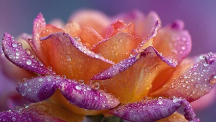Close-up of a vibrant, dew-kissed rose.  A stunning blend of peach, orange, and purple petals, showcasing delicate textures and glistening water droplets