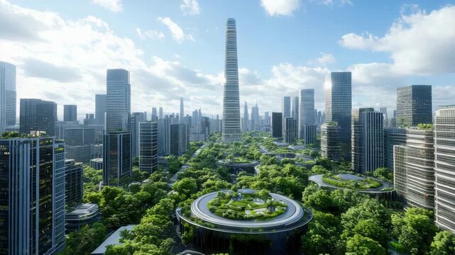 Futuristic city skyline with modern skyscrapers, lush greenery, and stunning architecture elements