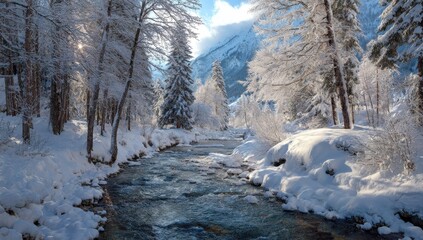 Snowy stream winding through a winter forest bathed in sunlight