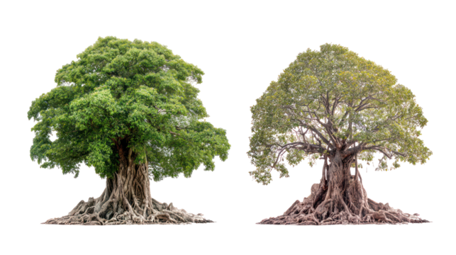 Banyan tree and Peepal tree placed side by side with strong trunks isolated on transparent background