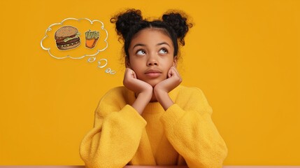 A girl daydreaming about fast food, wearing yellow sweater, thinking of burger and fries, playful concept on a orange background
