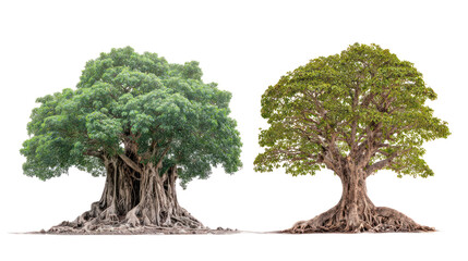 Banyan tree and Peepal tree placed side by side with strong trunks isolated on transparent background