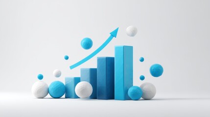 Abstract business growth concept with 3d bar chart, blue upward arrow, and floating digital spheres on white background for corporate strategy, financial success, and investment visualization