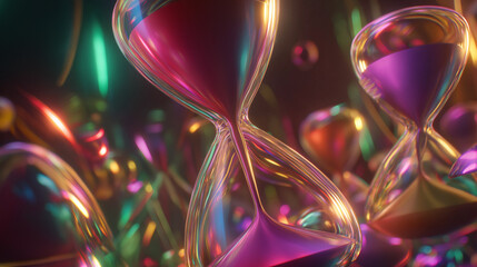 Colorful overlapping hourglasses with upward-flowing sand, depicting the unique perception of time in ADHD.