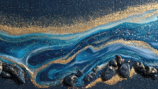 Abstract art, a dark blue, flowing liquid resin, with streaks of white and gold glitter, and dark grey pebbles