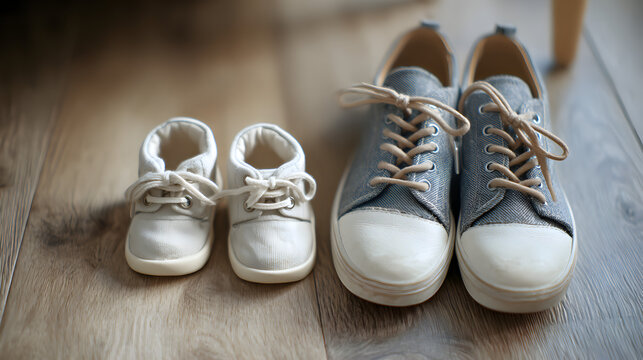 A pair of large gray sneakers and a pair of small white baby shoes sitting on a wooden floor