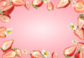 Cut fresh juicy strawberries with flowers in air against pink gradient background