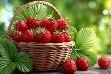 Fresh strawberries overflowing from wicker basket on rustic table