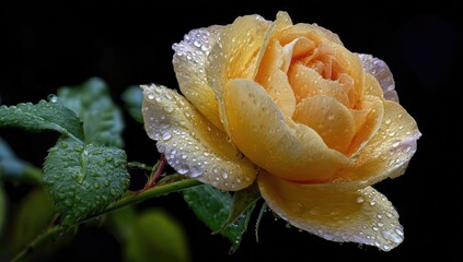 Close-up of a pale yellow rose, covered in dew drops, against a black background