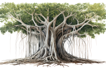 Banyan tree with aerial roots and wide spreading branches isolated on transparent background