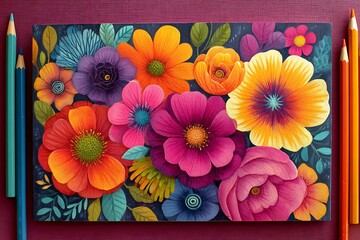 Lively floral painting with pencils flatlay background  
