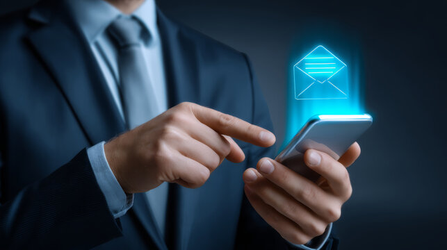 Businessman using smartphone with glowing email icon showing automation in financial accounting and budget management