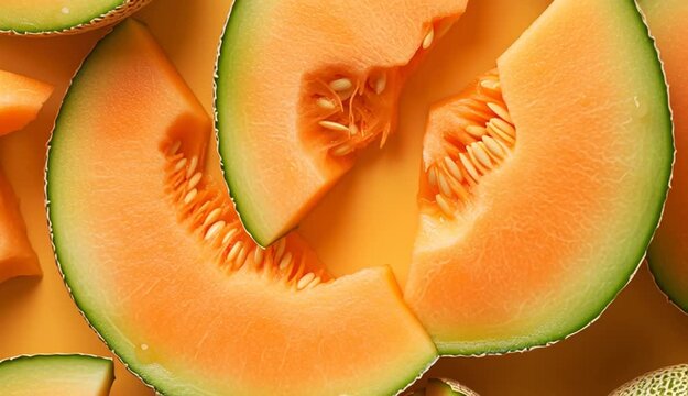 Pieces of ripe melon as background, top view