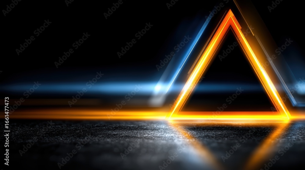 Poster an abstract visualization featuring a luminous triangular pyramid emitting a powerful glowing ray of