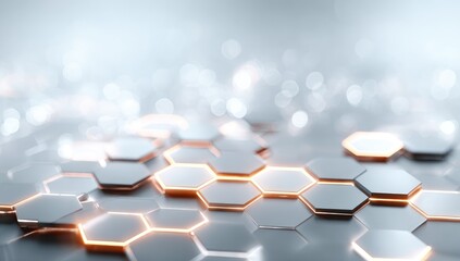 Abstract geometric background of interconnected hexagons.  Light, glowing,  metallic