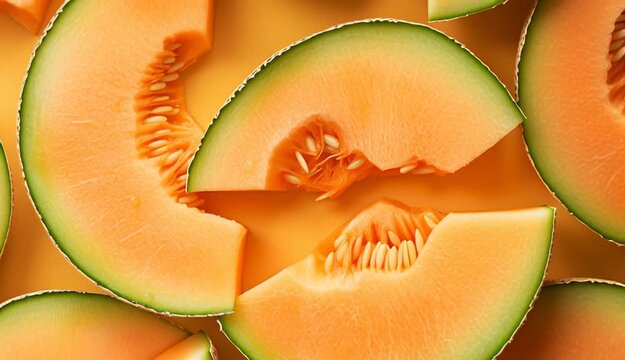 Pieces of ripe melon as background, top view