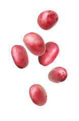 Fresh red potatoes falling on white background