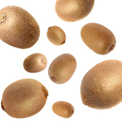 Tasty fresh kiwi fruits swirling in air against white background