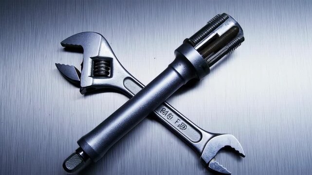 Two crossed adjustable wrenches on a metallic surface
