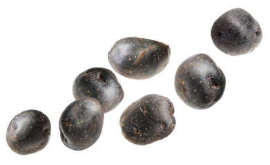 Fresh purple potatoes flying on white background