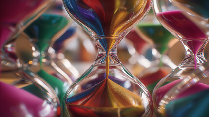 Colorful overlapping hourglasses with upward-flowing sand, depicting the unique perception of time in ADHD.