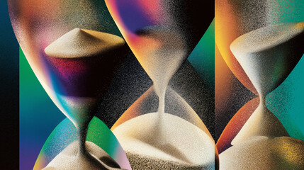 Colorful overlapping hourglasses with upward-flowing sand, depicting the unique perception of time in ADHD.