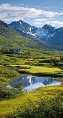 Obraz premium Mountain golf course reflecting in a lake. Lush greenery, snow-capped peaks, serene landscape