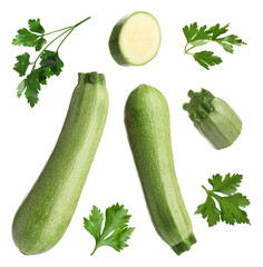Fresh ripe zucchini with parsley isolated on white, collage