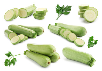 Fresh ripe zucchini with parsley isolated on white, collage